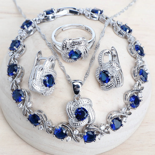 Ensemble de bijoux en zircone bleue pour femmes, en argent Sterling 925, bijoux de Costume de mariée, boucles d'oreilles, bagues, Bracelets, pendentif, collier 