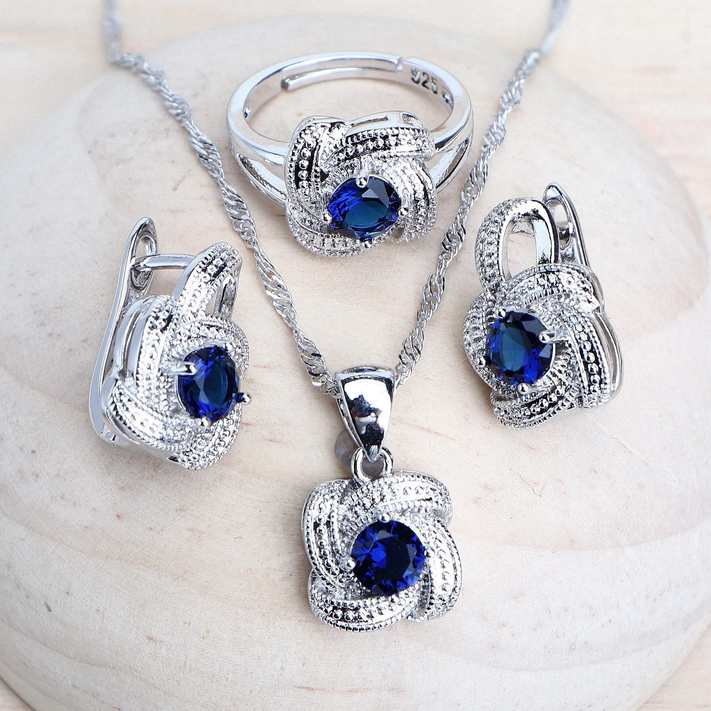 Ensemble de bijoux en zircone bleue pour femmes, en argent Sterling 925, bijoux de Costume de mariée, boucles d'oreilles, bagues, Bracelets, pendentif, collier 