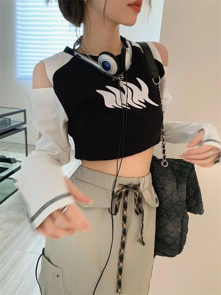 Crop Top Female Off Shoulder Sexy Slim Hollow Out Long Sleeve