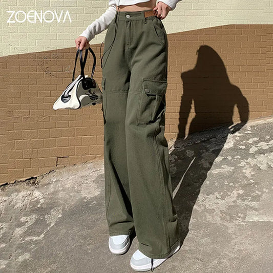 ZOENOVA 2023 européen américain vert jean mode élégant solide pantalon décontracté taille haute Femme ceinture droite pantalon pour les femmes