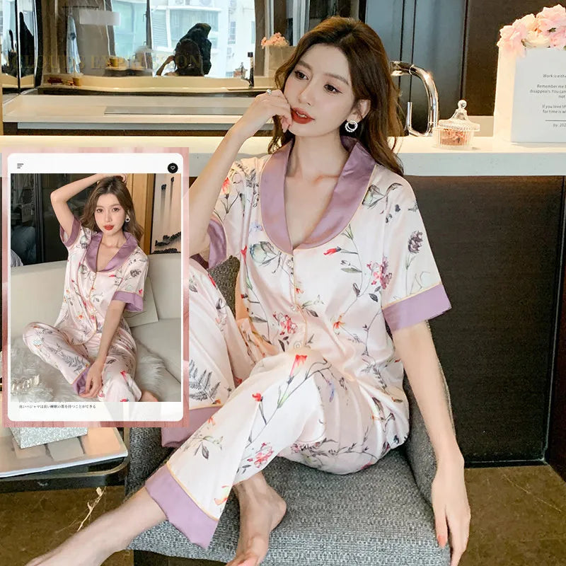 Silk Polyester Pajama Sets Sexy Homewear Casual