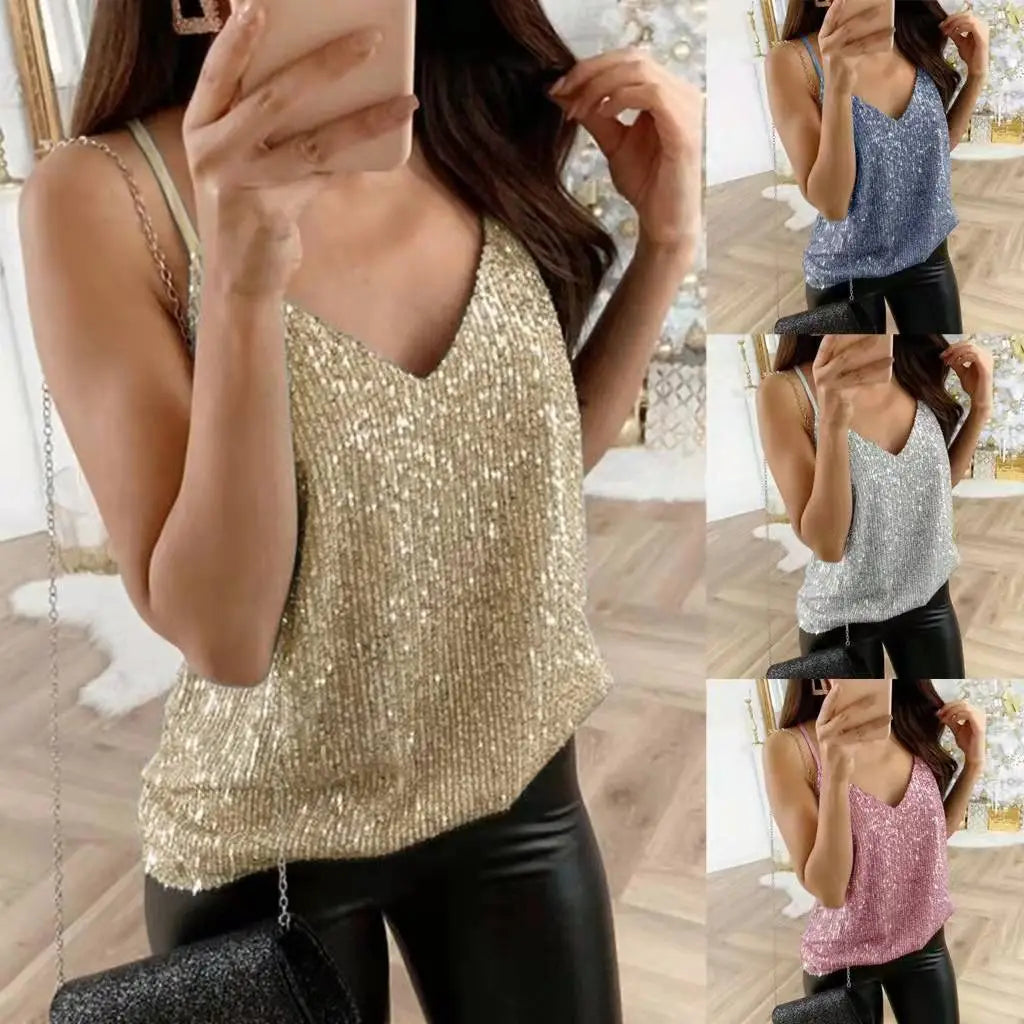 Loose Shiny Halter Crop Tops Women Tank Top Camisole Female Sleeveless Cropped Vest