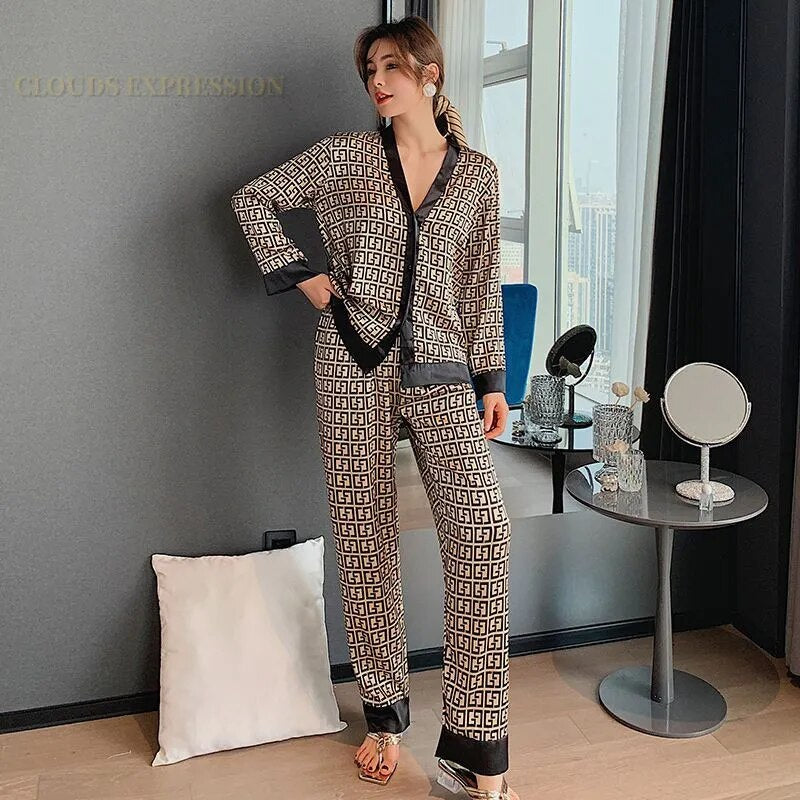 Silk Polyester Pajama Sets Sexy Homewear Casual