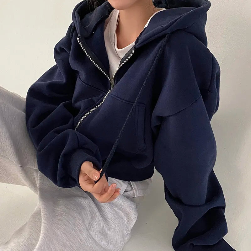 Retro Solid Color Zip Up Oversized Hoodies