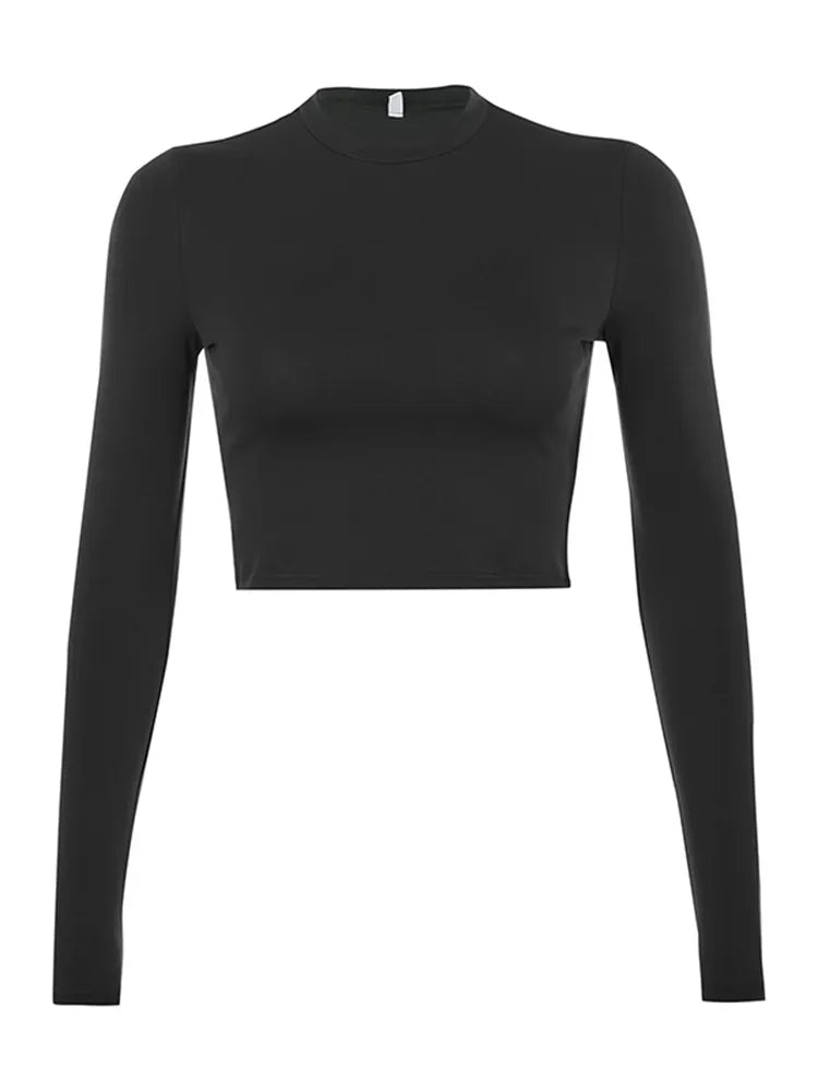 Camiseta lisa básica de manga larga para mujer, Top corto informal en blanco y negro, camiseta a la moda para mujer 