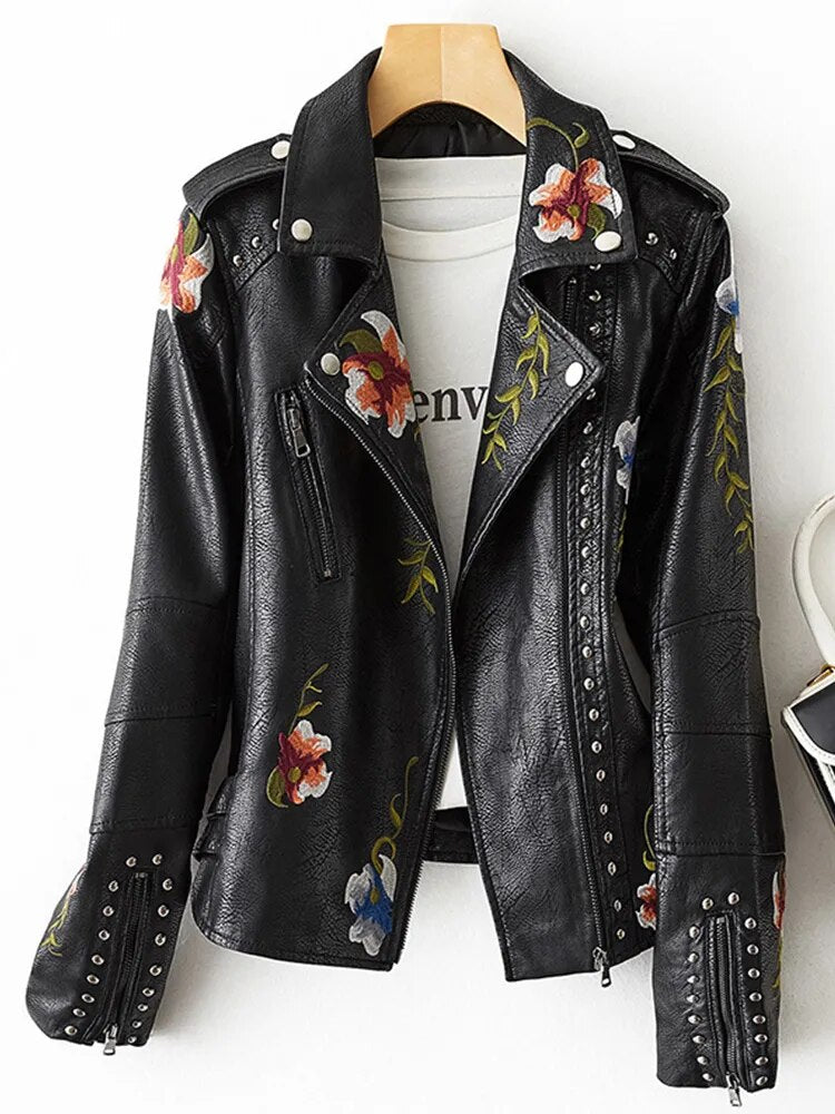 FTLZZ nuevas mujeres Retro estampado Floral bordado finas de imitación chaqueta de cuero abrigo cuello vuelto Pu Moto Biker negro Punk prendas de vestir exteriores