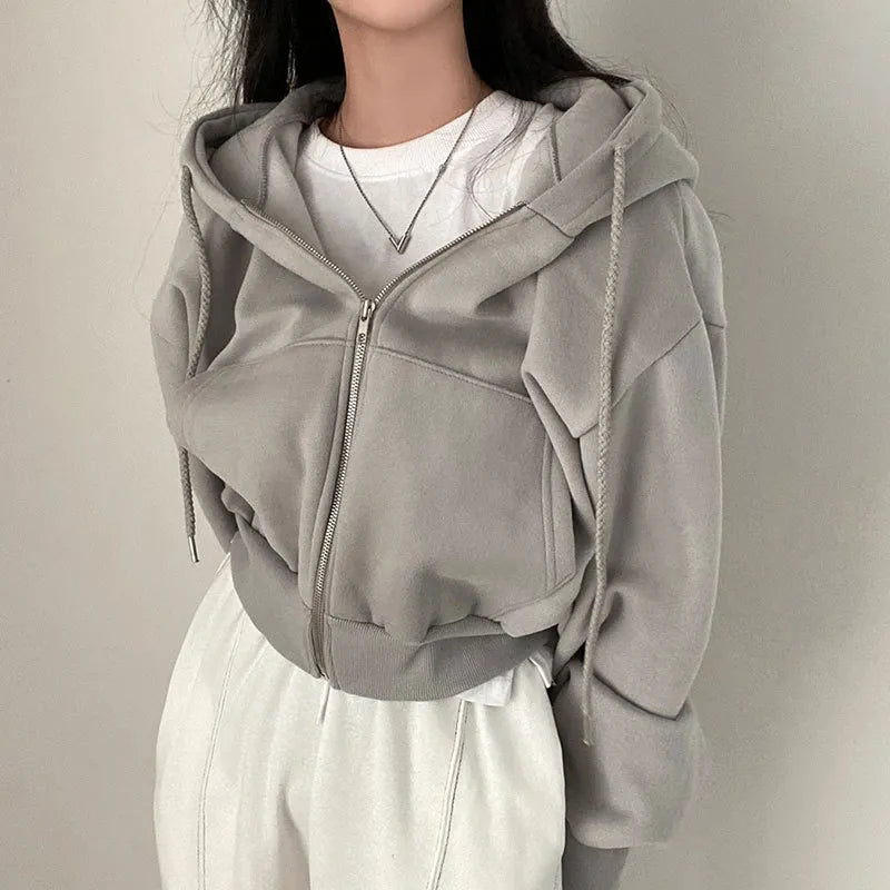 Retro Solid Color Zip Up Oversized Hoodies