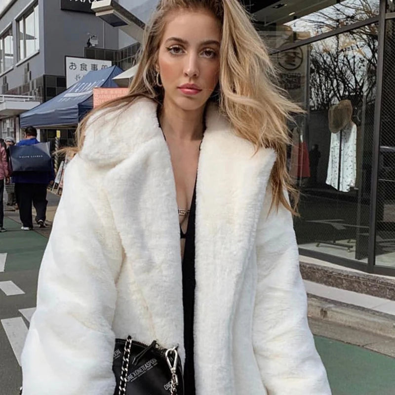 New Female Winter Plush Thick Warm Loose Women Faux Rabbit Fur Coat Loose Lapel Fur Coat