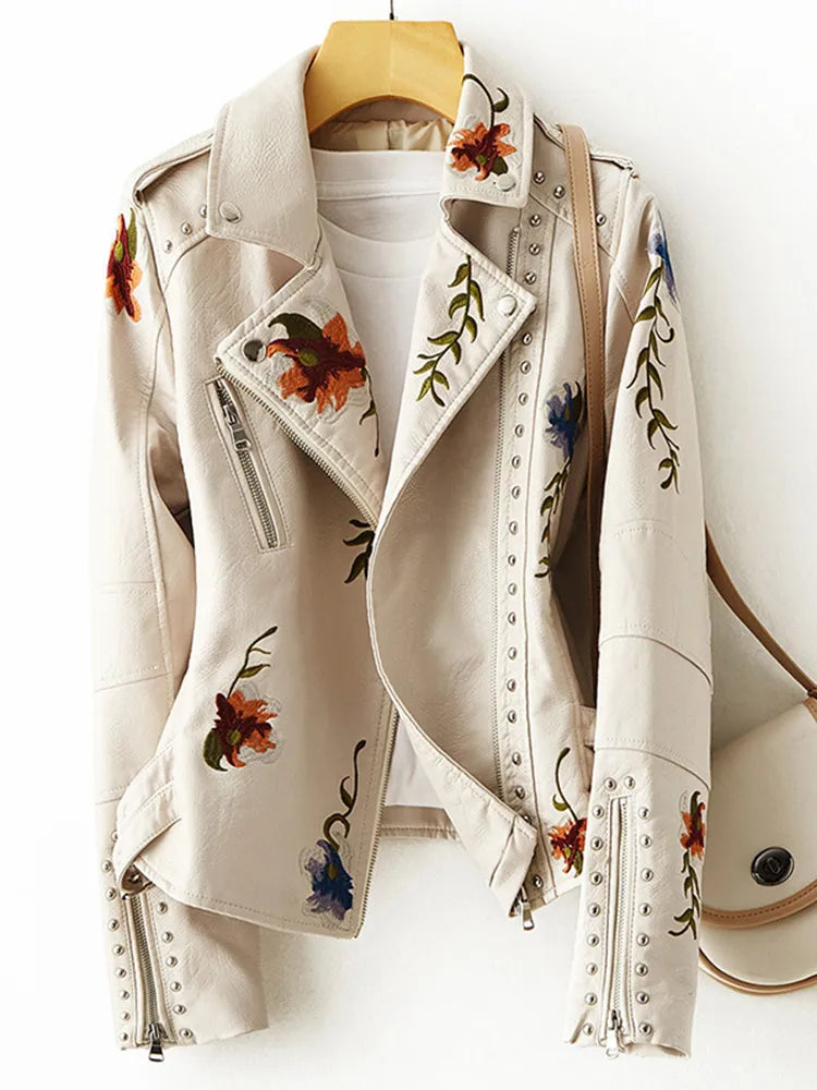 BlossomLeather - Floral Print Leather Jacket