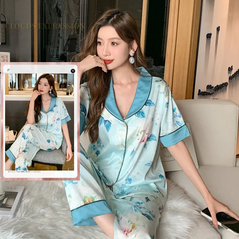 Silk Polyester Pajama Sets Sexy Homewear Casual