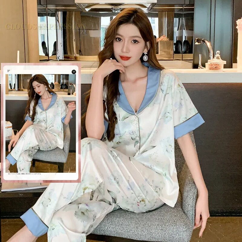 Silk Polyester Pajama Sets Sexy Homewear Casual