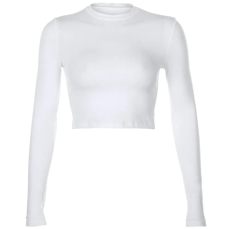 Camiseta lisa básica de manga larga para mujer, Top corto informal en blanco y negro, camiseta a la moda para mujer 